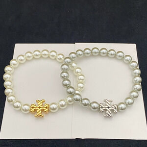 Tory Burch Trendy Handmade Bead Bracelet Matte Metal Logo Pearl